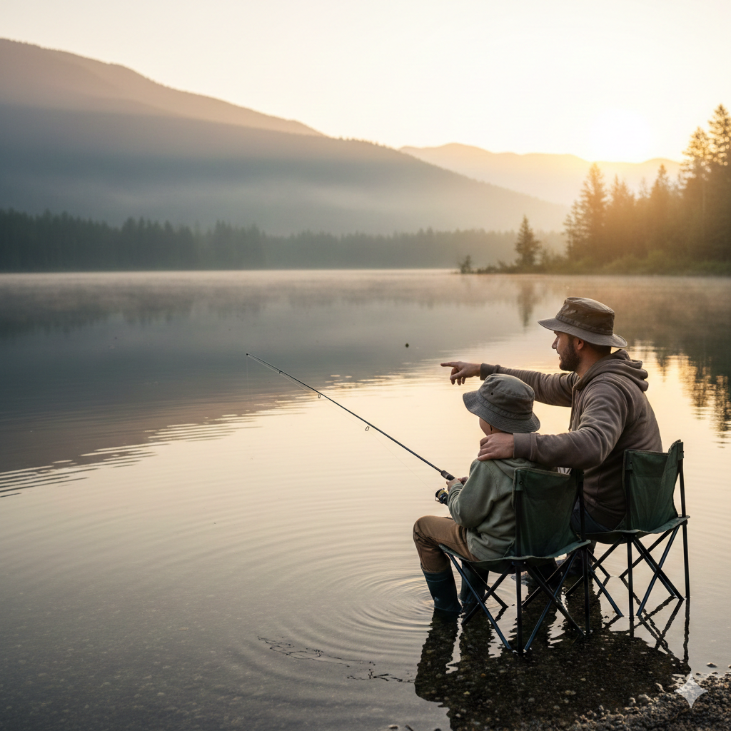 Padre e hijo mayor compartiendo un momento de calma pescando