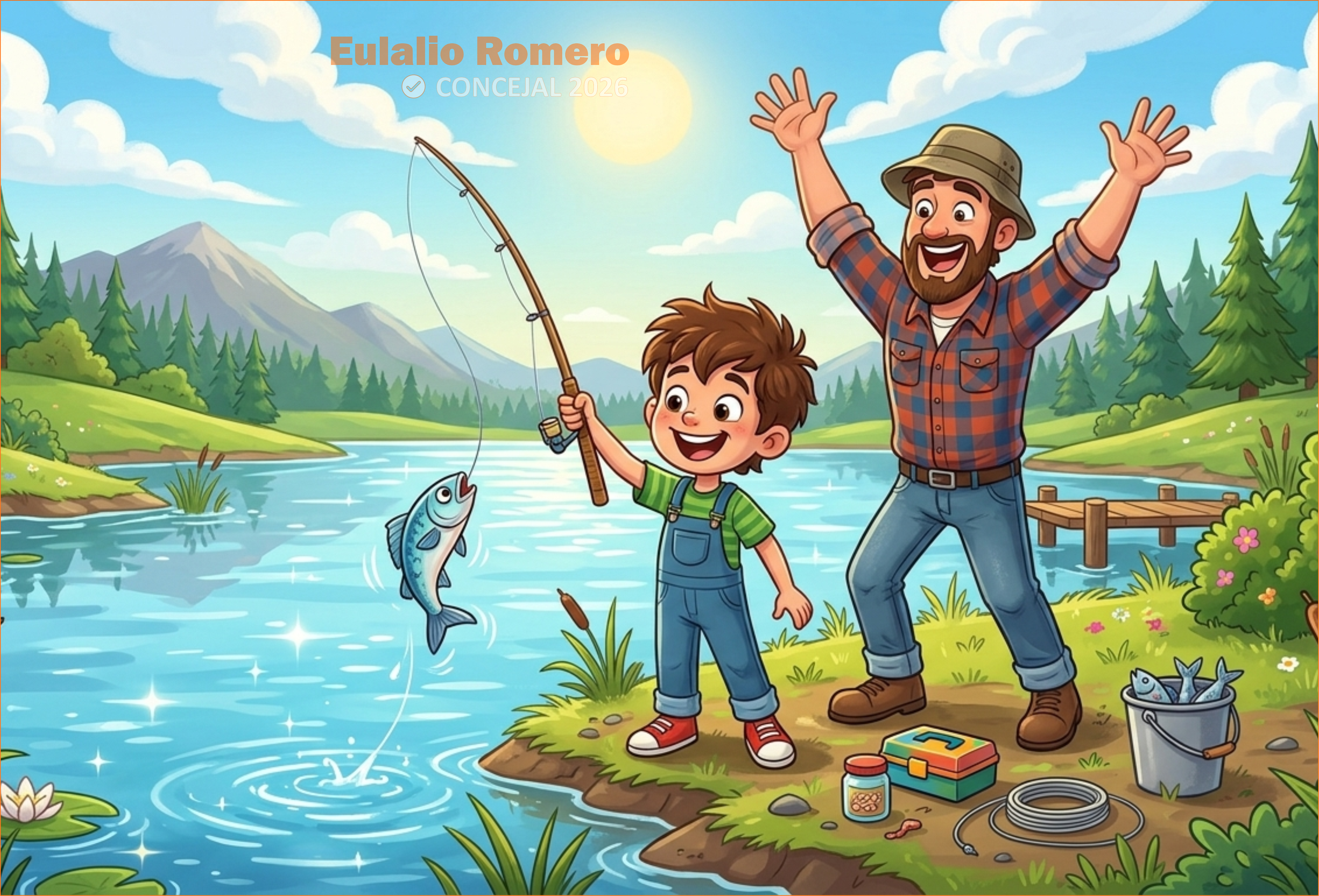 Papá e hijo sentados en el muelle pescando juntos